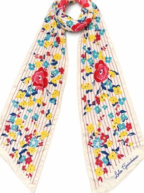 Lulu Guinness Floral Silk Scarf in Cream with Red, Yellow & Blue Flowers